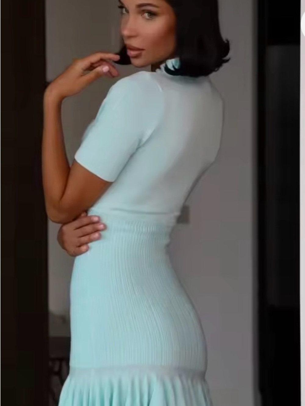 Ruffle-Hem Knit Dress in baby blue never worn
